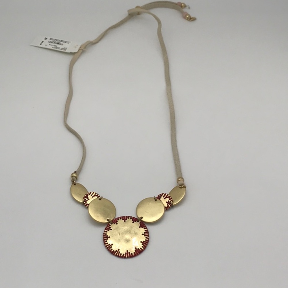 Lucky Brand Gold-Tone Threaded Disc Leather 28" Statement Necklace NWT